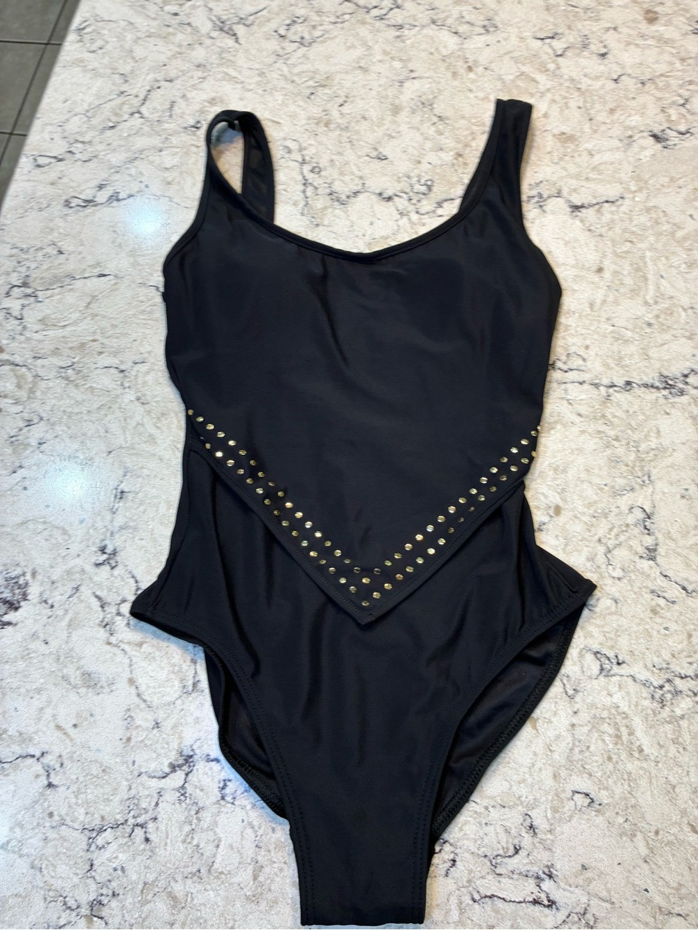 Black It Figures tummy thinner swim suit with gold stud details